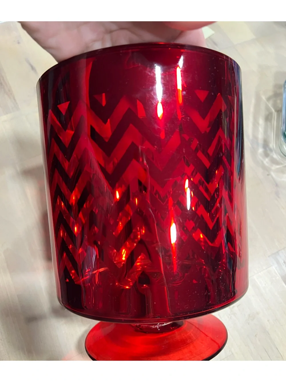 C+B Metallic Red Chevron Glass Hurricane Pedestal Vase